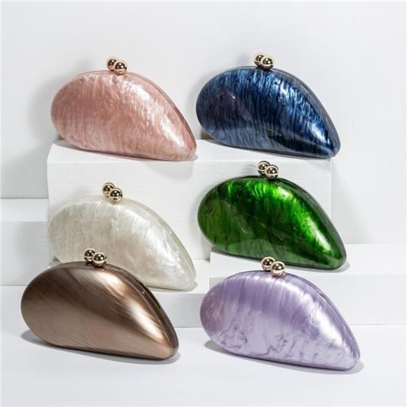 Marbled Acrylic Clutch Bag | Pearl Chain Evening Purse with Unique Ball Closure - Picture 2 of 5